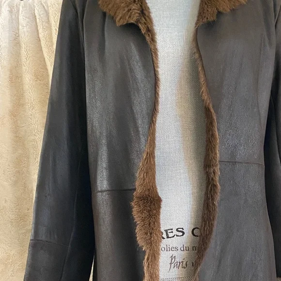 Vintage WHISTLES Dark Brown Soft Leather & Fur Long Overcoat Size Medium
